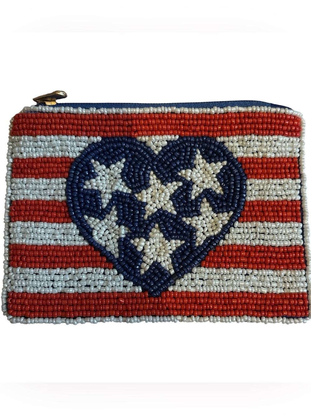 Hand Beaded American Flag Heart Zip Pouch - Red White Blue